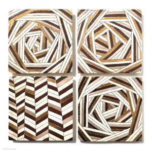 Ito Chiho Seto Keramik, Japan Kirameki Kachelteller mit Edelmetallapplikationen Sicht von oben, vier Kacheln mit Fischgrät Muster