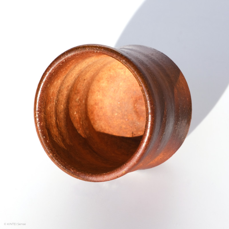 KINTEI Sense MANPU GAMA, Japan, Ceramics, Zao-Yaki, Anagama, Yakishime, Rust-Coloured Sake Cup – Bamboo shape, guinomi, Inside tilted