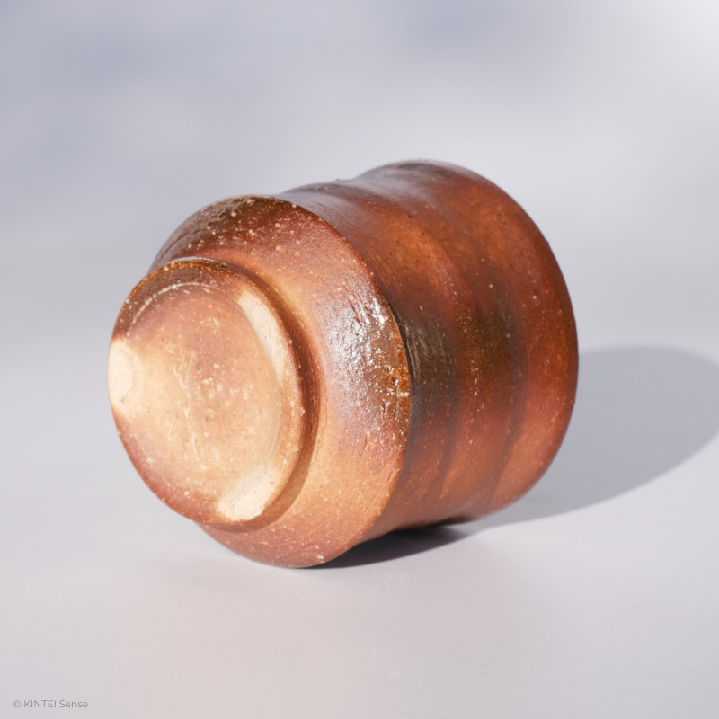 KINTEI Sense MANPU GAMA, Japan, Ceramics, Zao-Yaki, Anagama, Yakishime, Rust-Coloured Sake Cup – Bamboo shape, guinomi, back tilted