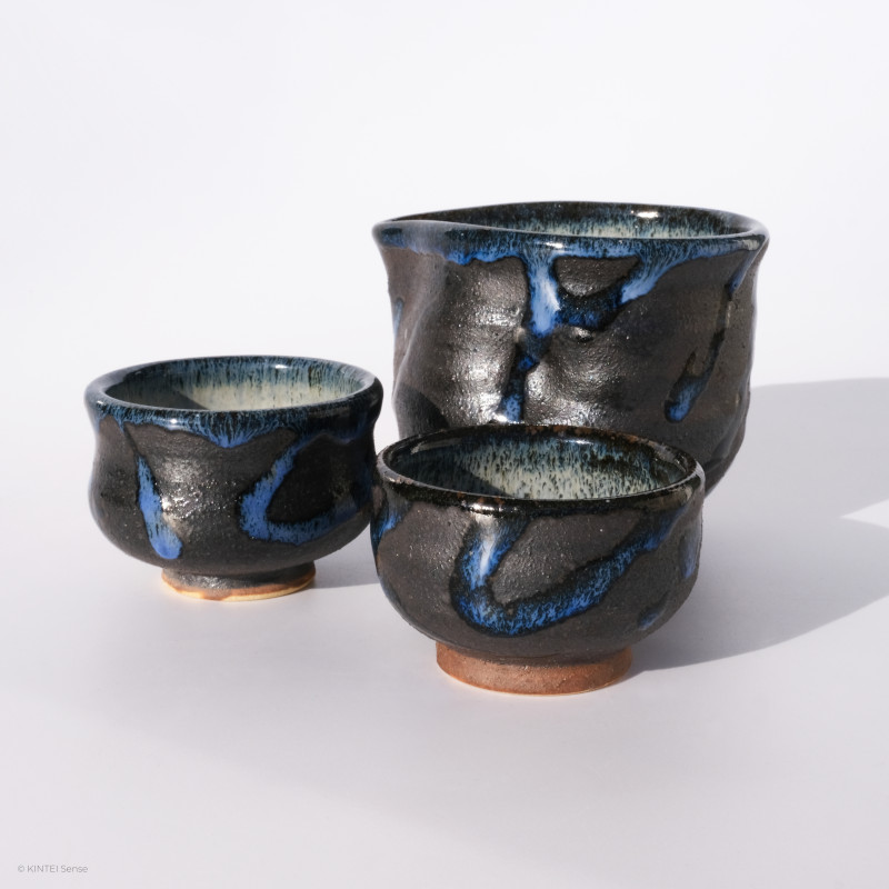 KINTEI Sense Manpu Gama Zao-Yaki, Keramik, Japan, Blue Series, Sake Schale, Guinomi, Katakuchi, Sake Set
