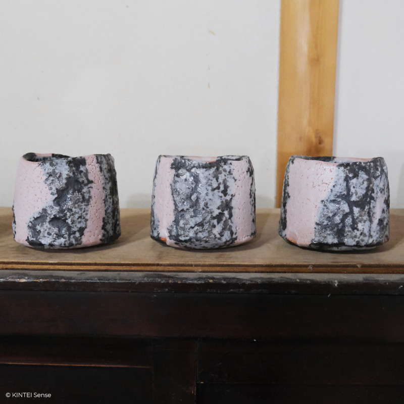 KINTEI Sense Hayashi Yuka Werkstatt Japan Mino Shino Keramik Toki Matcha Teeschalen auf Tansu