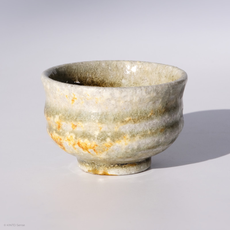 KINTEI Sense MANPU GAMA, Japan, Ceramics , Zao-Yaki, Noborigama, Yakishime Sake Cup with Natural Ash Deposits and Kintsugi, Profile front with ash deposits