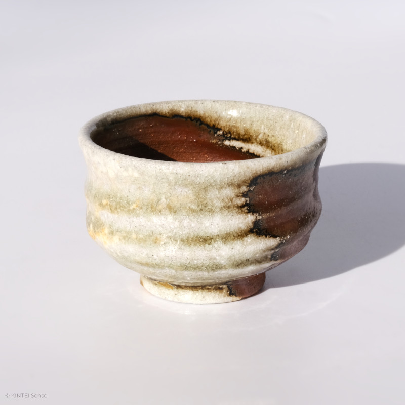 KINTEI Sense MANPU GAMA, Japan, Ceramics , Zao-Yaki, Noborigama, Yakishime Sake Cup with Natural Ash Deposits and Kintsugi, Profile back left