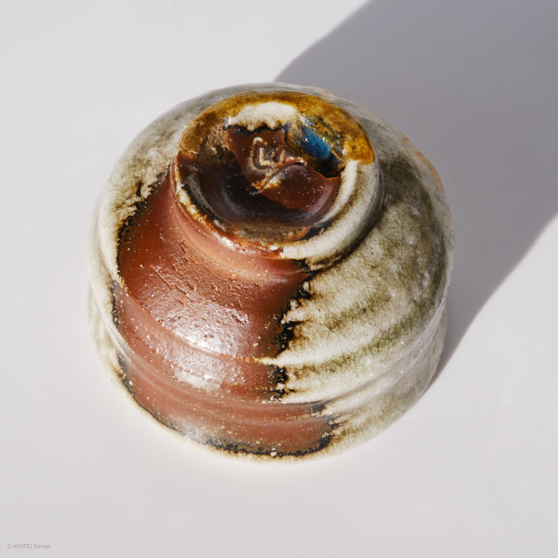 KINTEI Sense MANPU GAMA, Japan, Ceramics , Zao-Yaki, Noborigama, Yakishime Sake Cup with Natural Ash Deposits and Kintsugi Bottom with signature